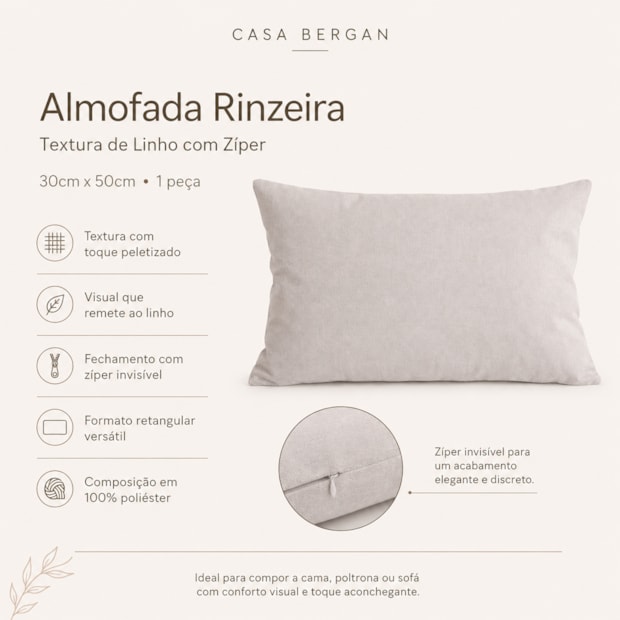 Almofada Rinzeira Textura de Linho com Zíper 30cm x 50cm (1 Peça)