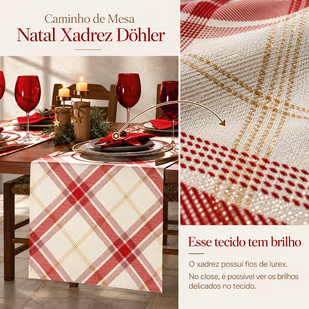 Caminho de Mesa Dohler Celebra Natal Xadrez com Brilho 45cm x 1,60m