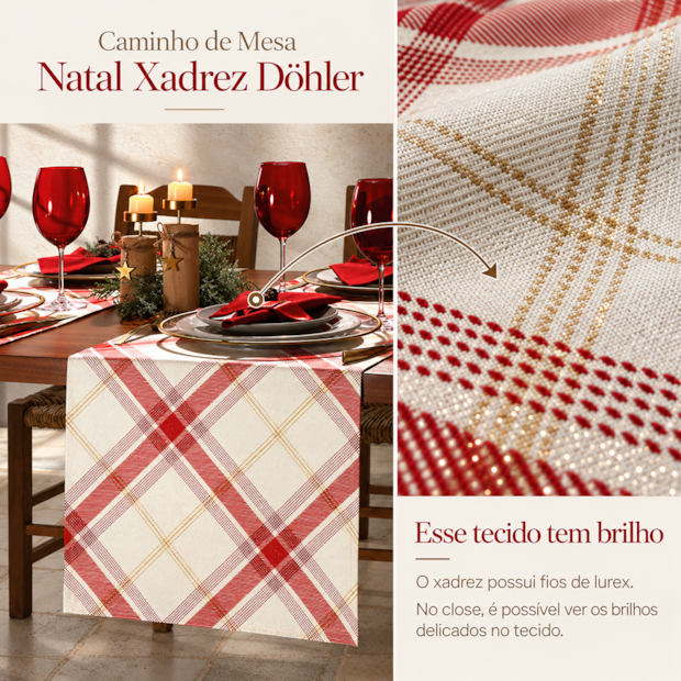 Caminho de Mesa Dohler Celebra Natal Xadrez com Brilho 45cm x 1,60m