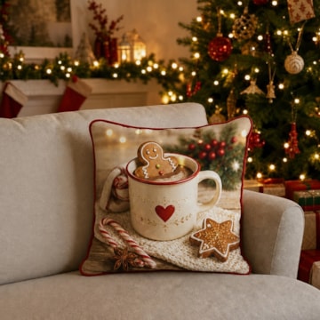 Capa de Almofada Belagio Natal Cookies com Cordonê e Zíper 50cm x 50cm (1 Peça)
