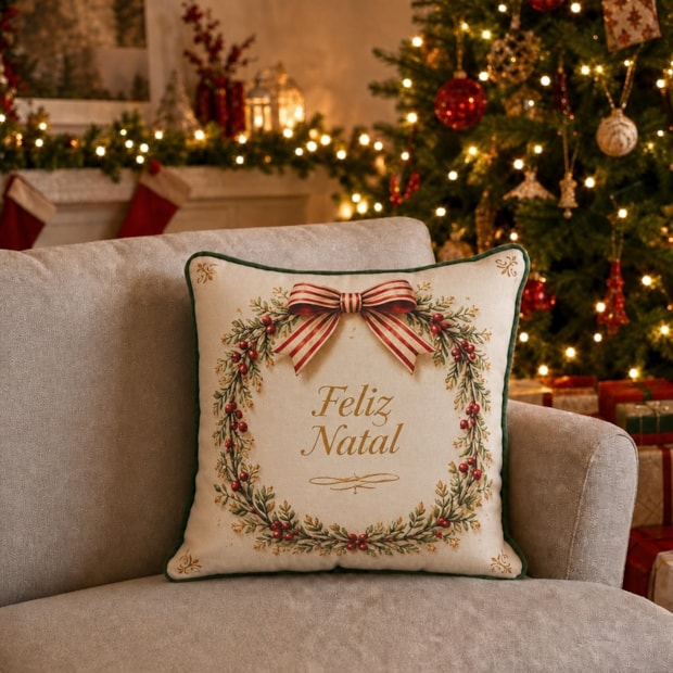 Capa de Almofada Belagio Natal Guirlanda com Cordonê e Zíper 50cm x 50cm (1 Peça)