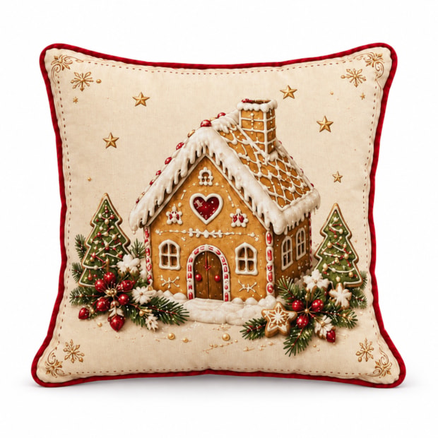 Capa de Almofada Belagio Natal Vila Doce com Cordonê e Zíper 50cm x 50cm (1 Peça)