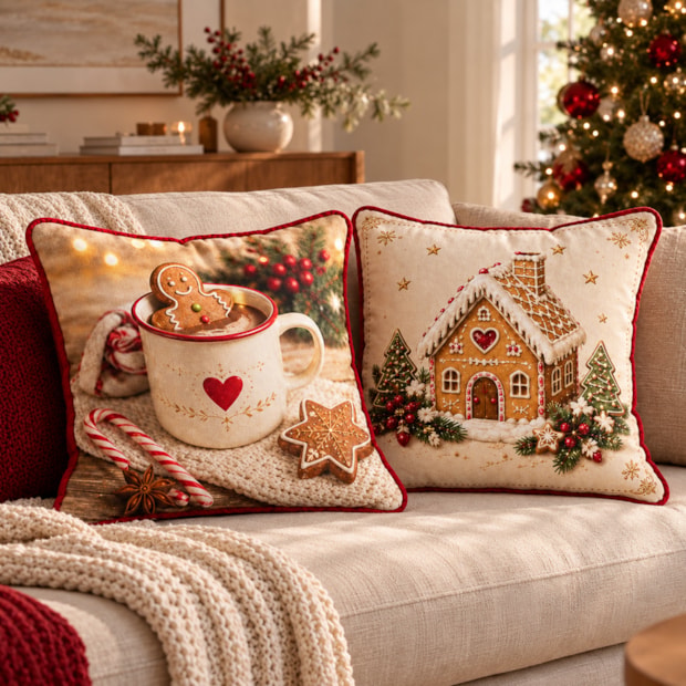 Capa de Almofada Belagio Natal Vila Doce com Cordonê e Zíper 50cm x 50cm (1 Peça)