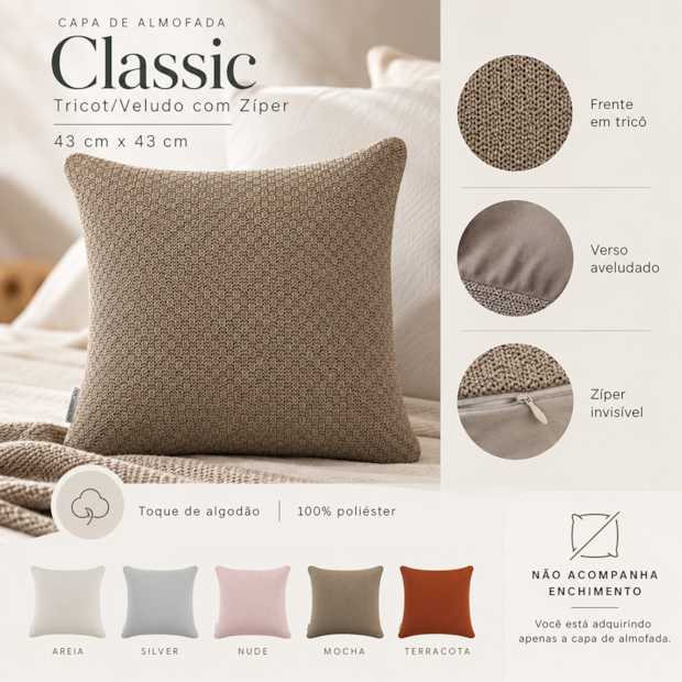 Capa de Almofada Classic Tricot/Veludo com Zíper 43cm x 43cm (1 peça)