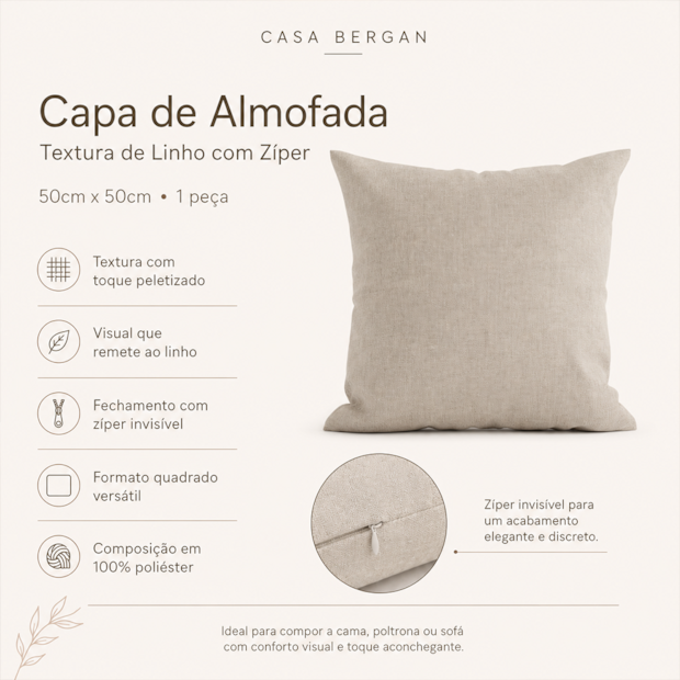 Capa de Almofada Textura de Linho com Zíper 50cm x 50cm (1 Peça)