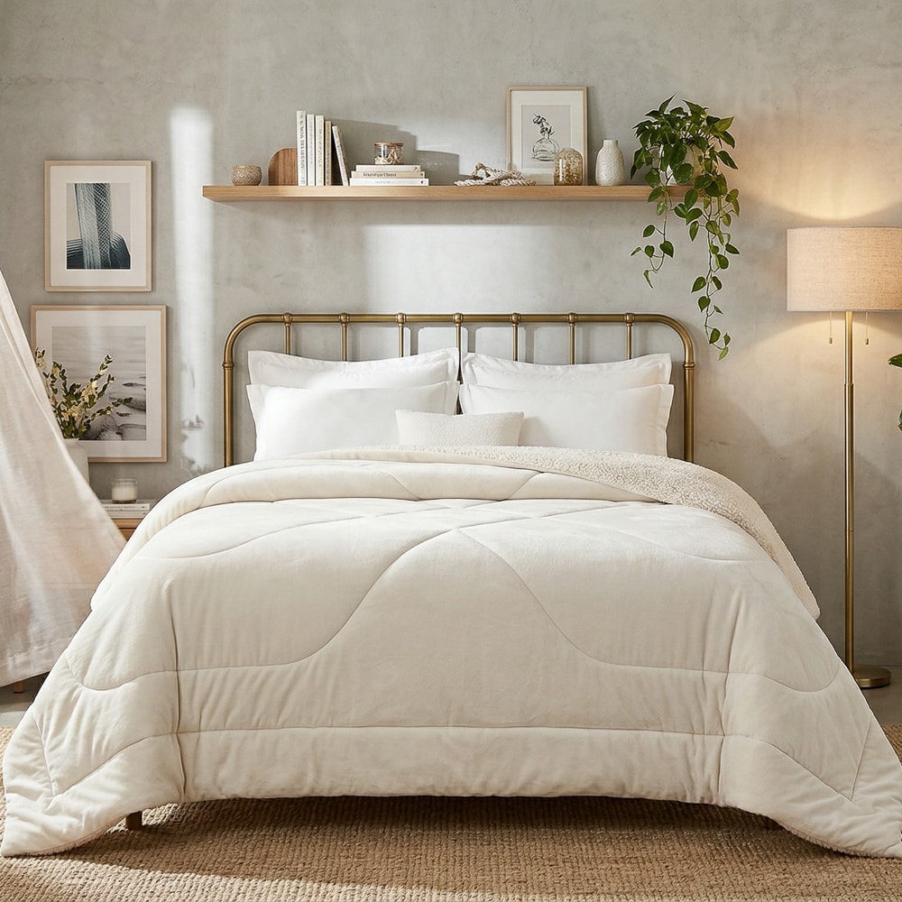 Cama vestida com coberdrom Capetown em tom areia, quarto claro com luminária, plantas e quadros
