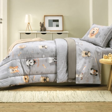 Edredom Solteiro Infantil Karsten Dog Dupla Face 100% Algodão Percal 200 Fios