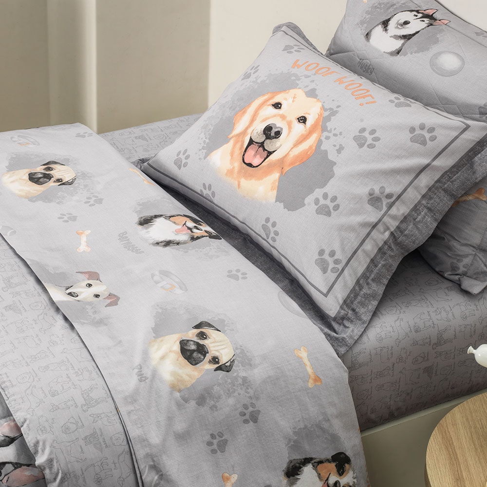 Jogo de Cama Casal Infantil Karsten Dog 100% Algodão Percal 200 Fios (4 Peças)