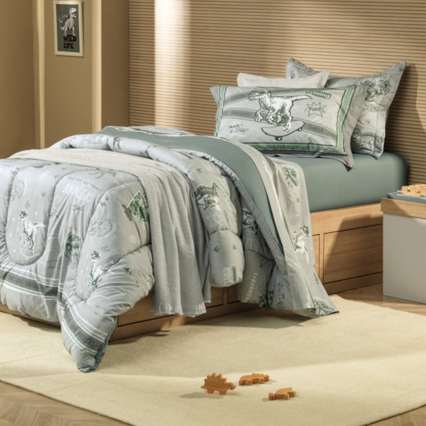Jogo de Cama Casal Infantil Karsten Jurassic 100% Algodão Percal 200 Fios (4 Peças)