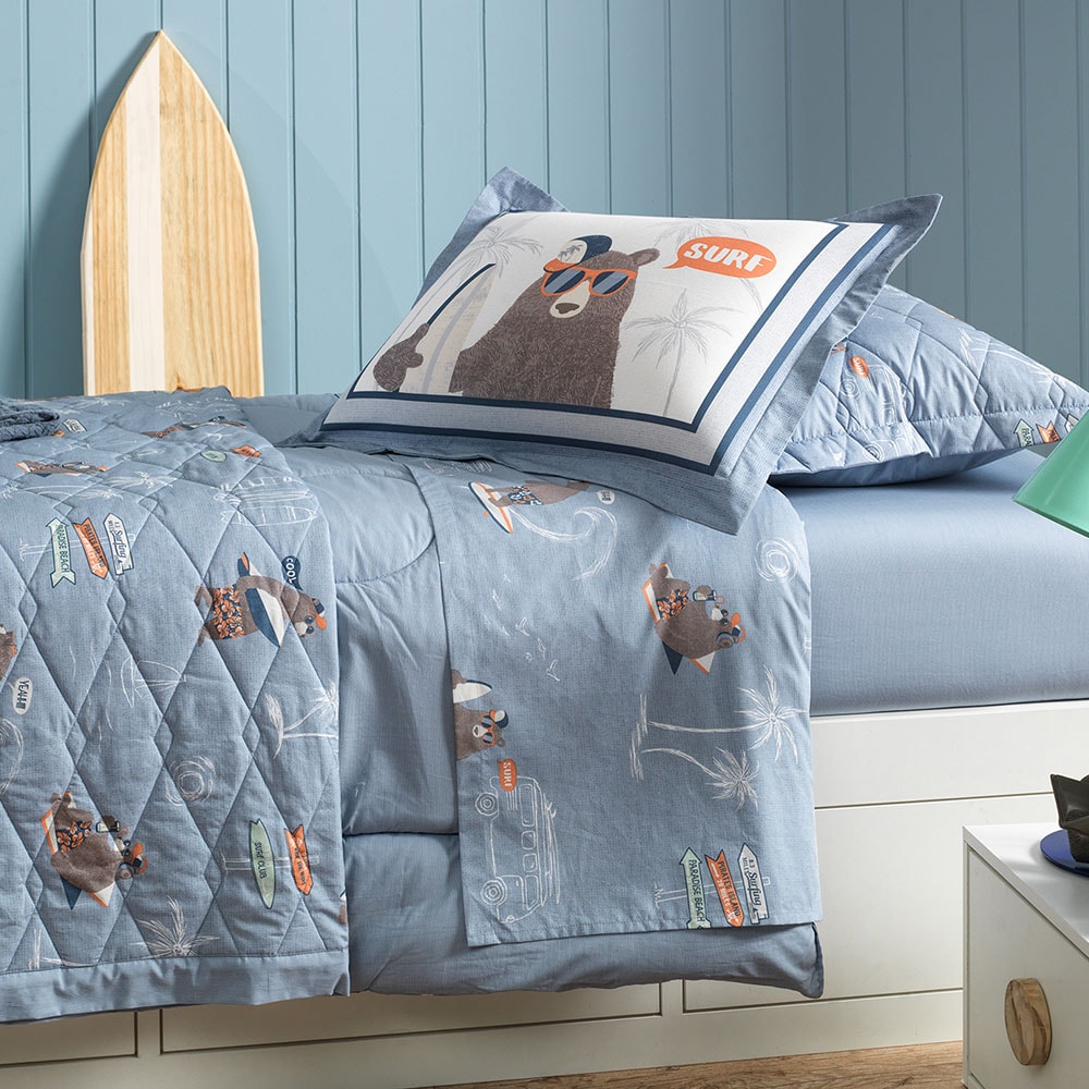 Jogo de Cama Casal Infantil Karsten Surf 100% Algodão Percal 200 Fios (4 Peças)