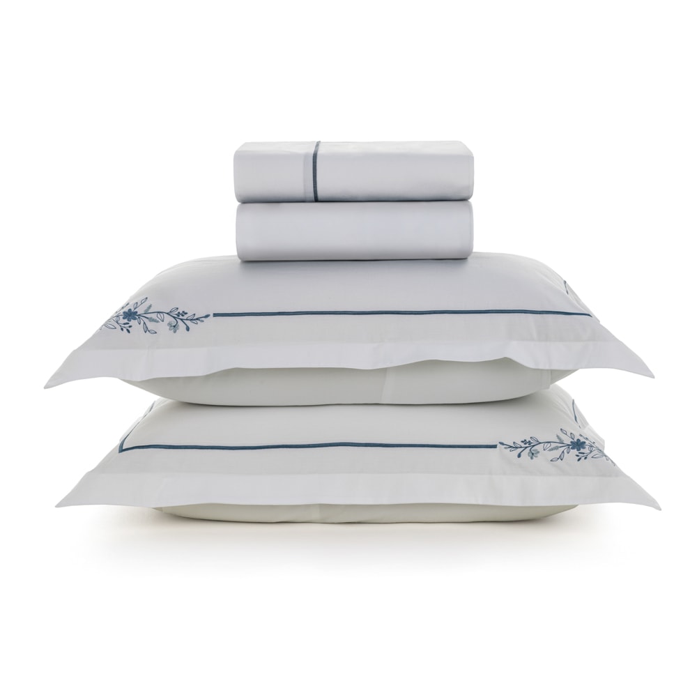 Jogo de Cama Casal Karsten Helen Bordado 100% Algodão Fio Penteado Percal 200 Fios (4 Peças)