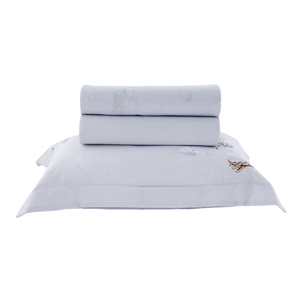 Jogo de Cama Infantil Solteiro Kacyumara Casa K Vida Bela Skyplane 100% Algodão Egípcio Percal 200 Fios (3 Peças)