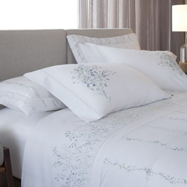 Jogo de Cama King Size Buddemeyer Bud Vision Blue Daisy 100% Algodão Fio Penteado Cetim 300 Fios (4 Peças)