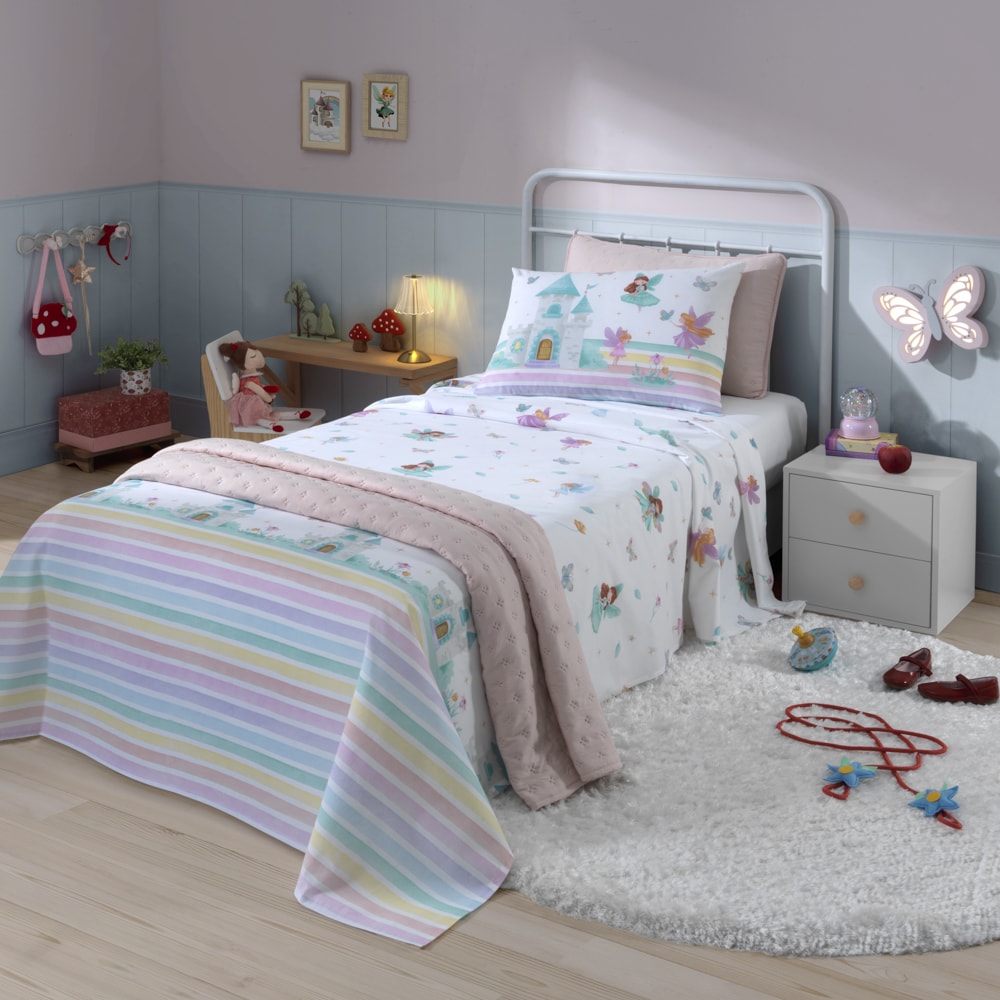 Jogo de Cama Solteiro Infantil Dohler Fadas 100% Algodão 150 Fios (3 Peças)