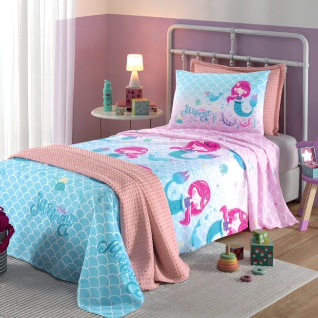 Jogo de Cama Solteiro Infantil Dohler Mermaid 100% Algodão
