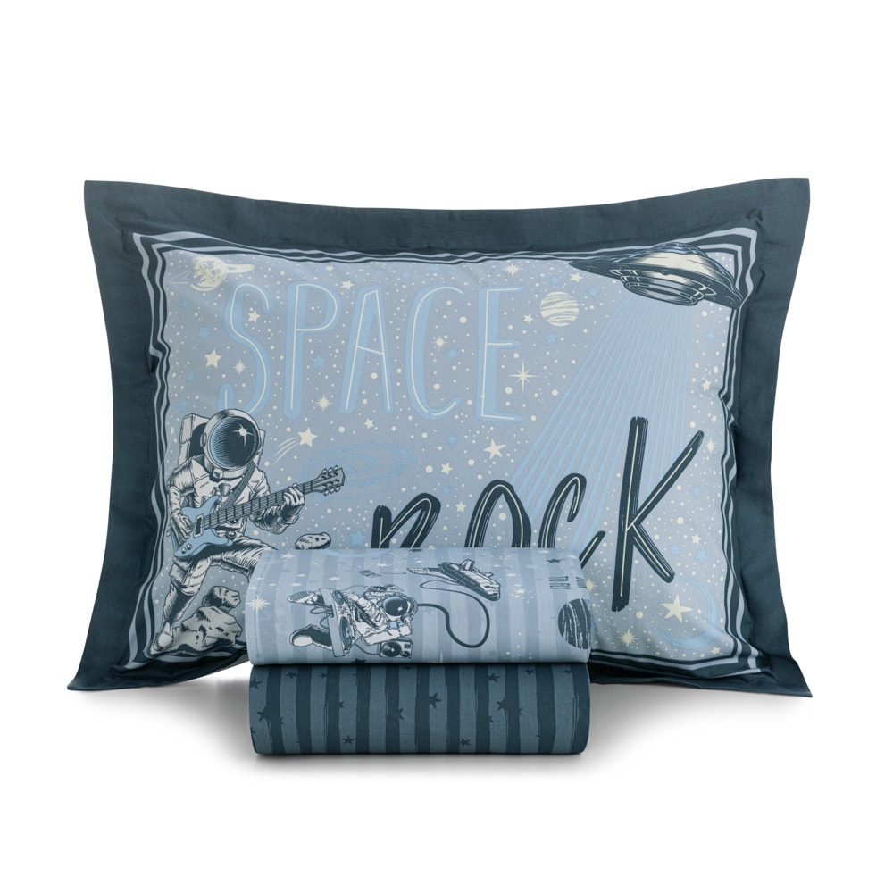 Jogo de Cama Solteiro Infantil Karsten Espacial 100% Algodão Percal 200 Fios (3 Peças)