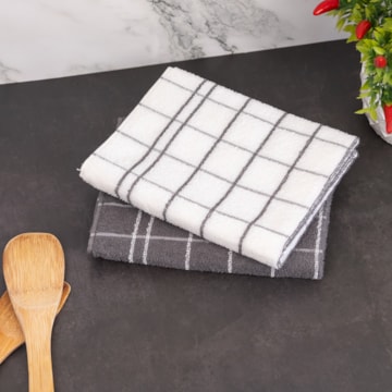 Kit 2 Peças Pano de Copa Teka Cinza e Branco 100% Algodão - Gramatura: 310 g/m²