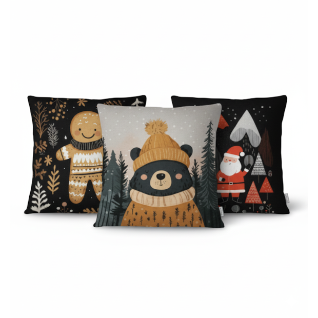 Kit 3 Peças Capa de Almofada Bosque de Natal Aveludado com Zíper 43cm x 43cm