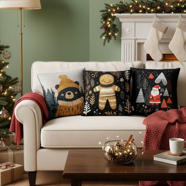 Kit 3 Peças Capa de Almofada Bosque de Natal Aveludado com Zíper 43cm x 43cm