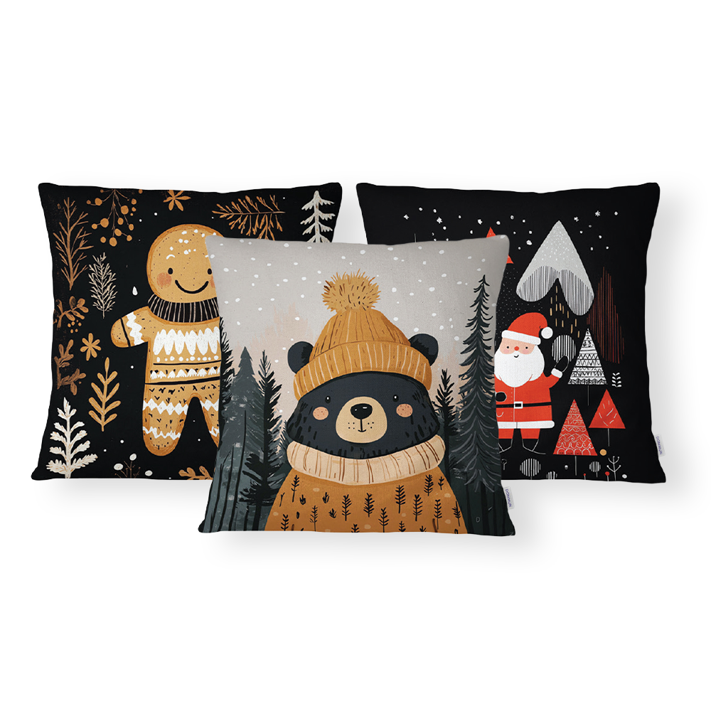 Kit 3 Peças Capa de Almofada Bosque de Natal Aveludado com Zíper 43cm x 43cm