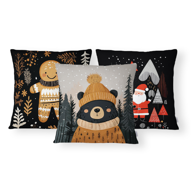 Kit 3 Peças Capa de Almofada Bosque de Natal Aveludado com Zíper 43cm x 43cm