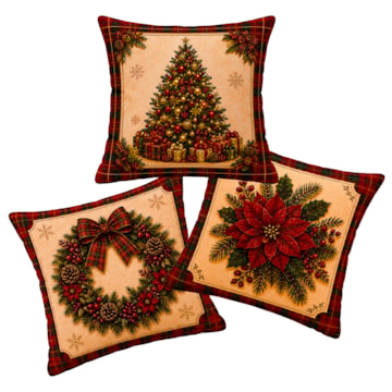 Kit 3 Peças Capa de Almofada Dreams Natal Clássico Estampa Digital Aveludada 43cm x 43cm