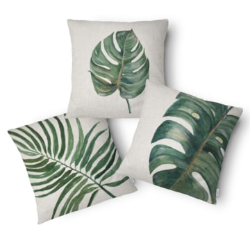 Kit 3 Peças Capa de Almofada Floral Folhagem Aveludado com Zíper 50cm x 50cm