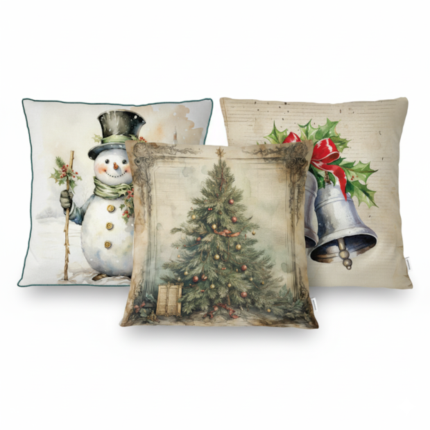 Kit 3 Peças Capa de Almofada Natal Aquarela Aveludado com Zíper 43cm x 43cm