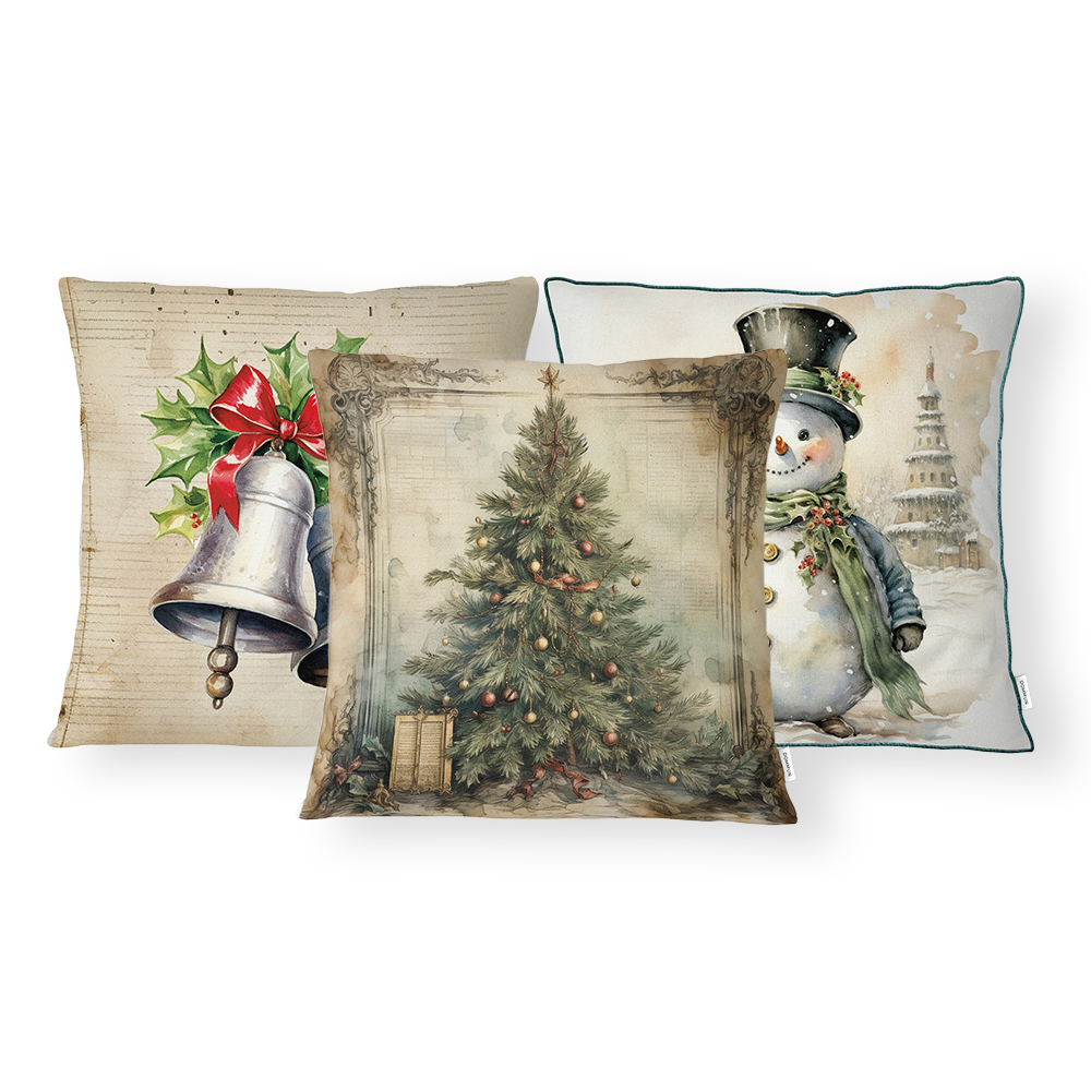 Kit 3 Peças Capa de Almofada Natal Aquarela Aveludado com Zíper 43cm x 43cm