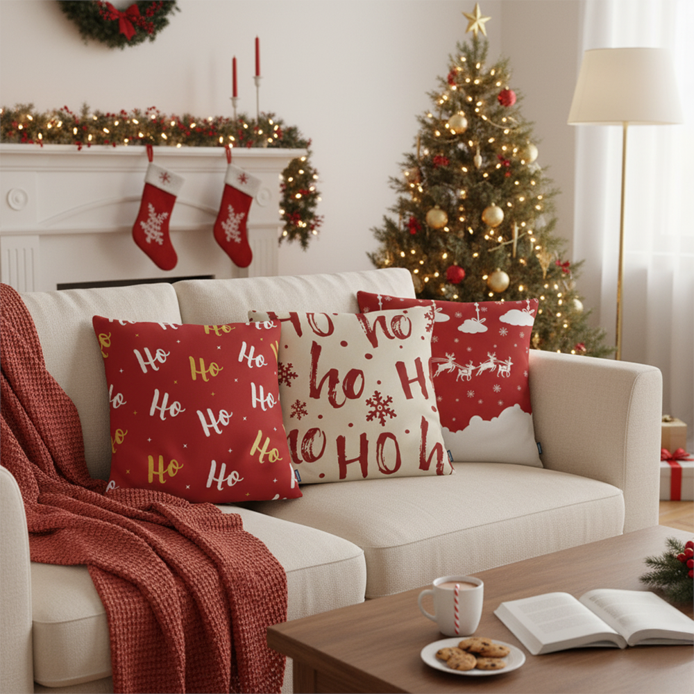 Kit 3 Peças Capa de Almofada Natal Minimal Aveludado com Zíper 43cm x 43cm