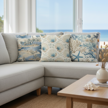 Kit 3 Peças Capa de Almofada Náutica Costa Azul Aveludado com Zíper 43cm x 43cm