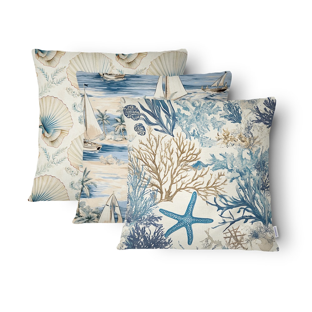 Kit 3 Peças Capa de Almofada Náutica Costa Azul Aveludado com Zíper 43cm x 43cm
