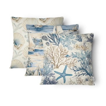 Kit 3 Peças Capa de Almofada Náutica Costa Azul Aveludado com Zíper 43cm x 43cm