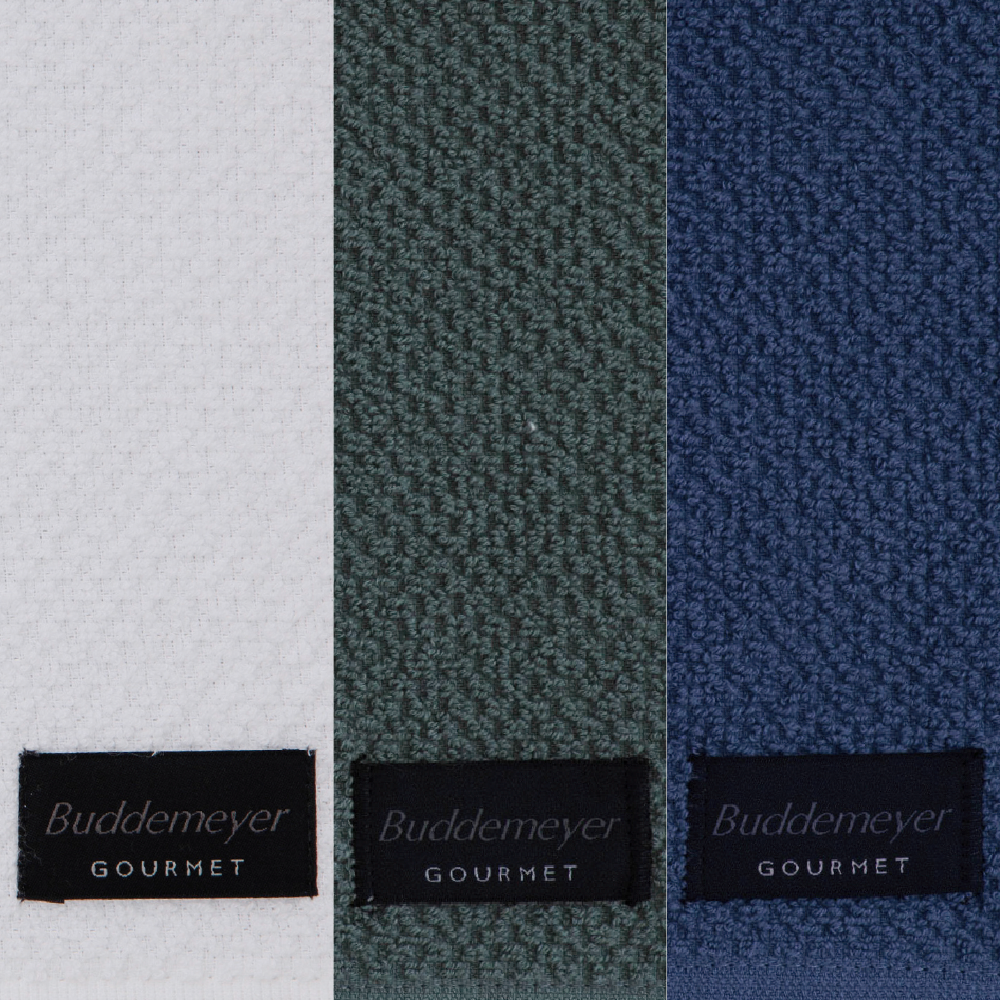 Kit 3 Peças Pano de Copa Buddemeyer Gourmet Branco, Azul e Verde 100% Algodão - Gramatura: 380 g/m²