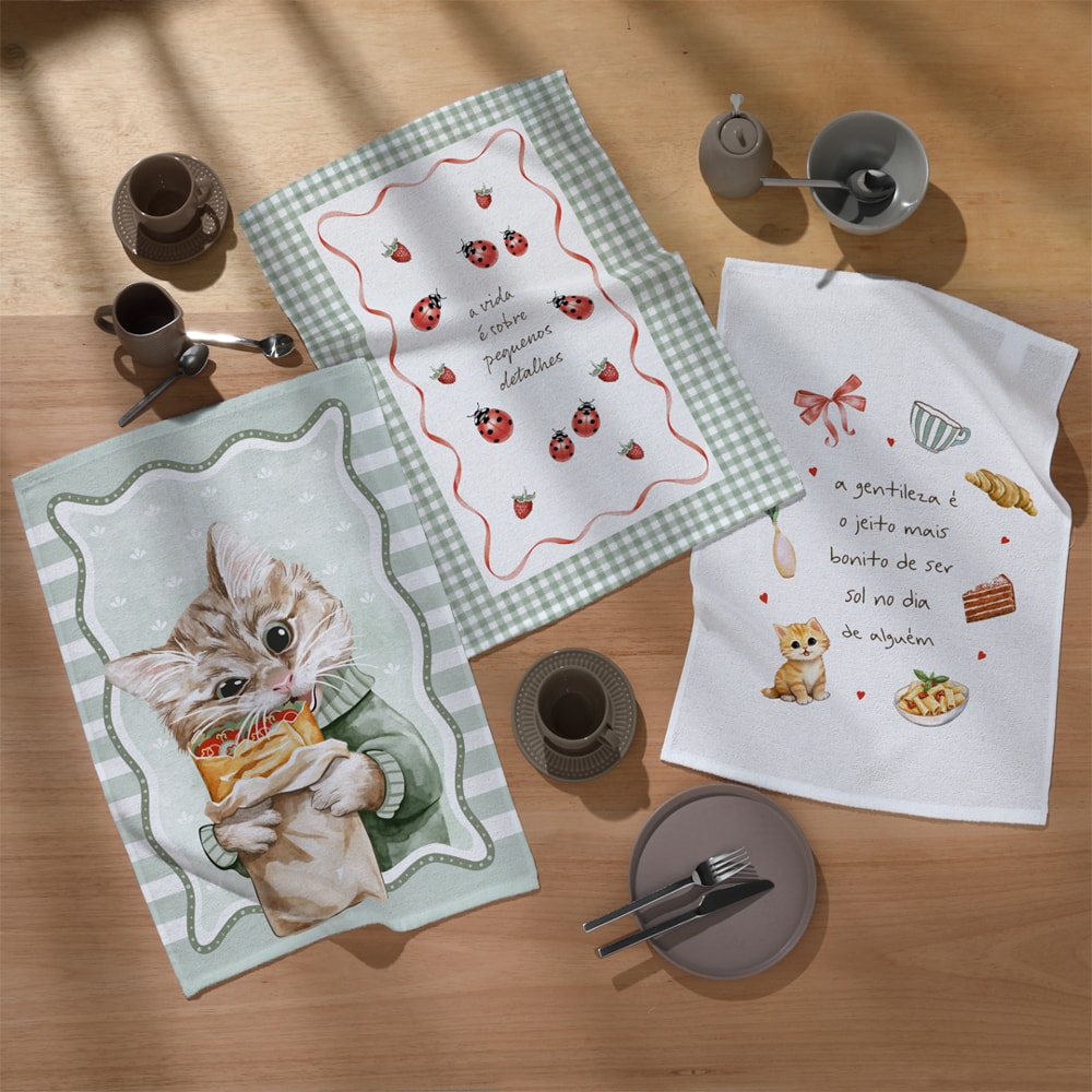 Kit 3 Peças Pano de Copa Dohler Fofuras 100% Algodão