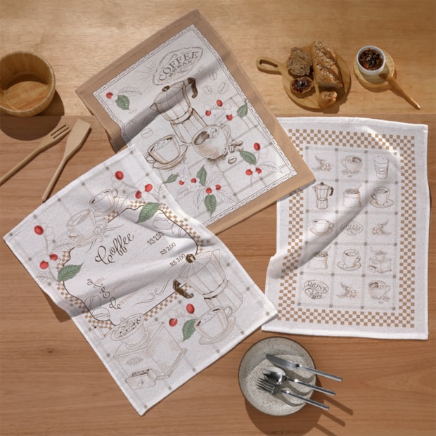Kit 3 Peças Pano de Copa Dohler Hora do Café 100% Algodão