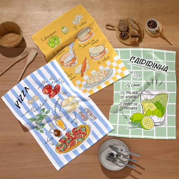 Kit 3 Peças Pano de Copa Dohler Receitas 100% Algodão