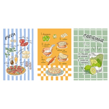 Kit 3 Peças Pano de Copa Dohler Receitas 100% Algodão