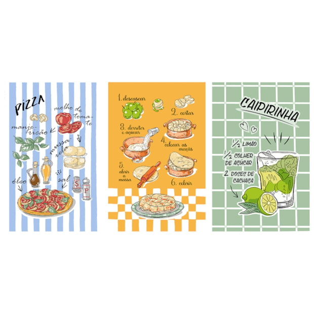 Kit 3 Peças Pano de Copa Dohler Receitas 100% Algodão