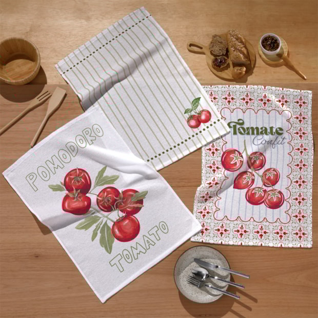 Kit 3 Peças Pano de Copa Dohler Tomate 100% Algodão