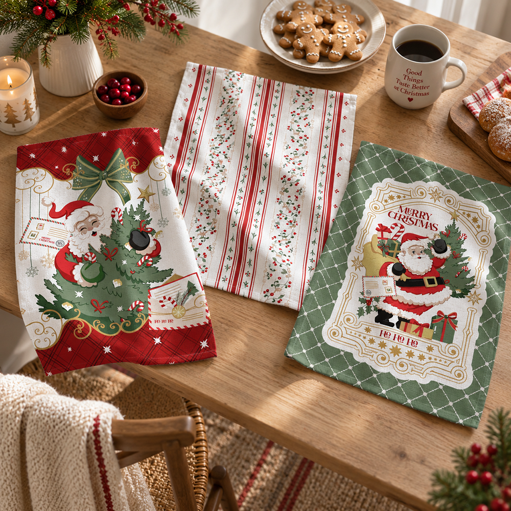 Kit 3 Peças Pano de Copa Felpudo Dohler Encontro de Natal 100% Algodão