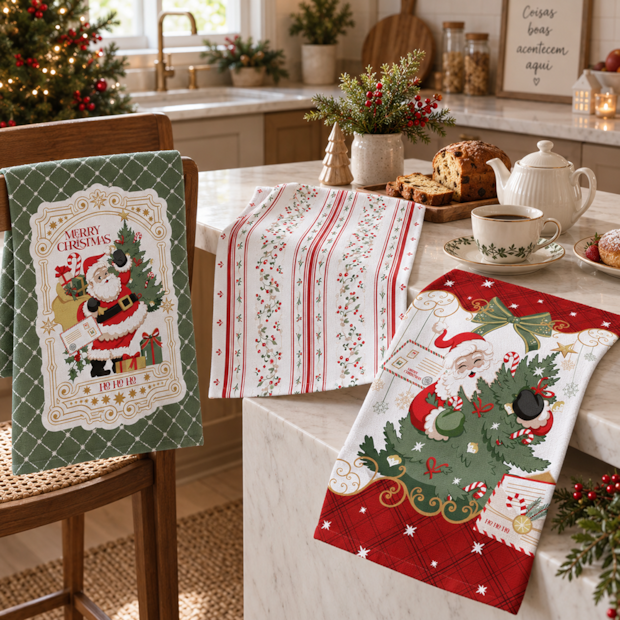 Kit 3 Peças Pano de Copa Felpudo Dohler Encontro de Natal 100% Algodão