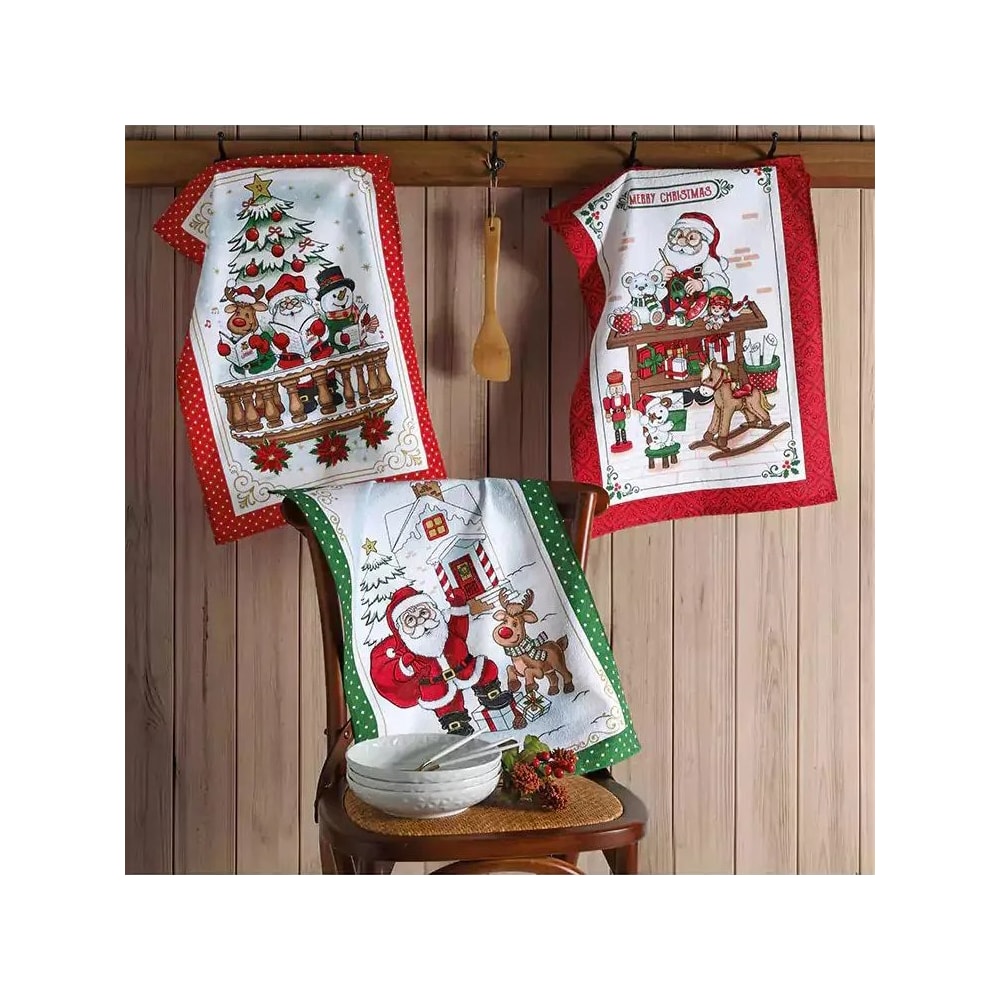 Kit 3 Peças Pano de Copa Felpudo Dohler Natal Rotina do Noel 100% Algodão