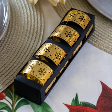 Kit 4 Peças Argola Porta Guardanapo de Metal Dourado Flocos de Natal