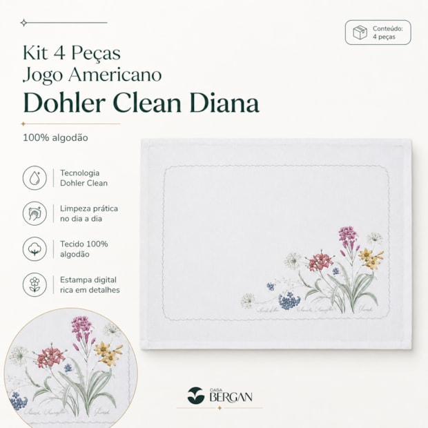 Kit 4 Peças Jogo Americano Dohler Clean Diana 100% Algodão