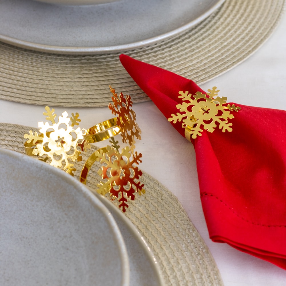 Kit 4 Peças Porta Guardanapo de Metal Dourado Floco de Neve Natal