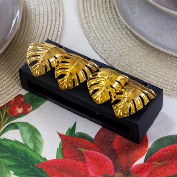 Kit 4 Peças Porta Guardanapo de Metal Dourado Folha Costela de Adão