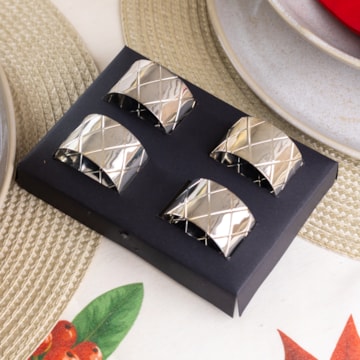 Kit 4 Peças Porta Guardanapo de Metal Prata Trama Clássica