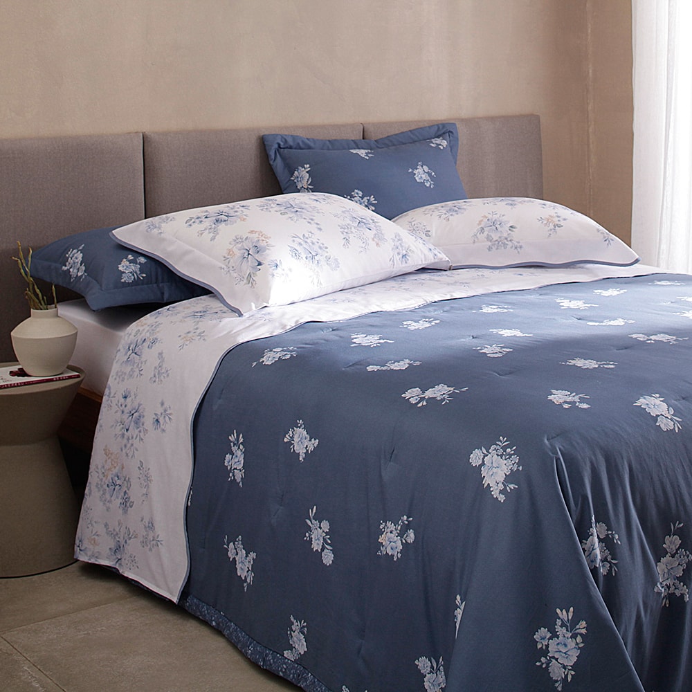 Kit Cobre-Leito Colcha Casal Buddemeyer Percalle Camélias Dupla Face 100% Algodão Fio Penteado 180 Fios (3 Peças)