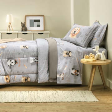 Kit Cobre-Leito Colcha Casal Infantil Karsten Dog Dupla Face 100% Algodão Percal 200 Fios c/ Porta Travesseiro (3 Peças)